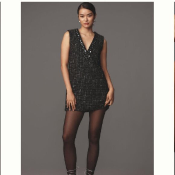 NWT Maeve V-Neck Tweed Mini Dress Women's Medium Black Silver - Picture 15 of 16